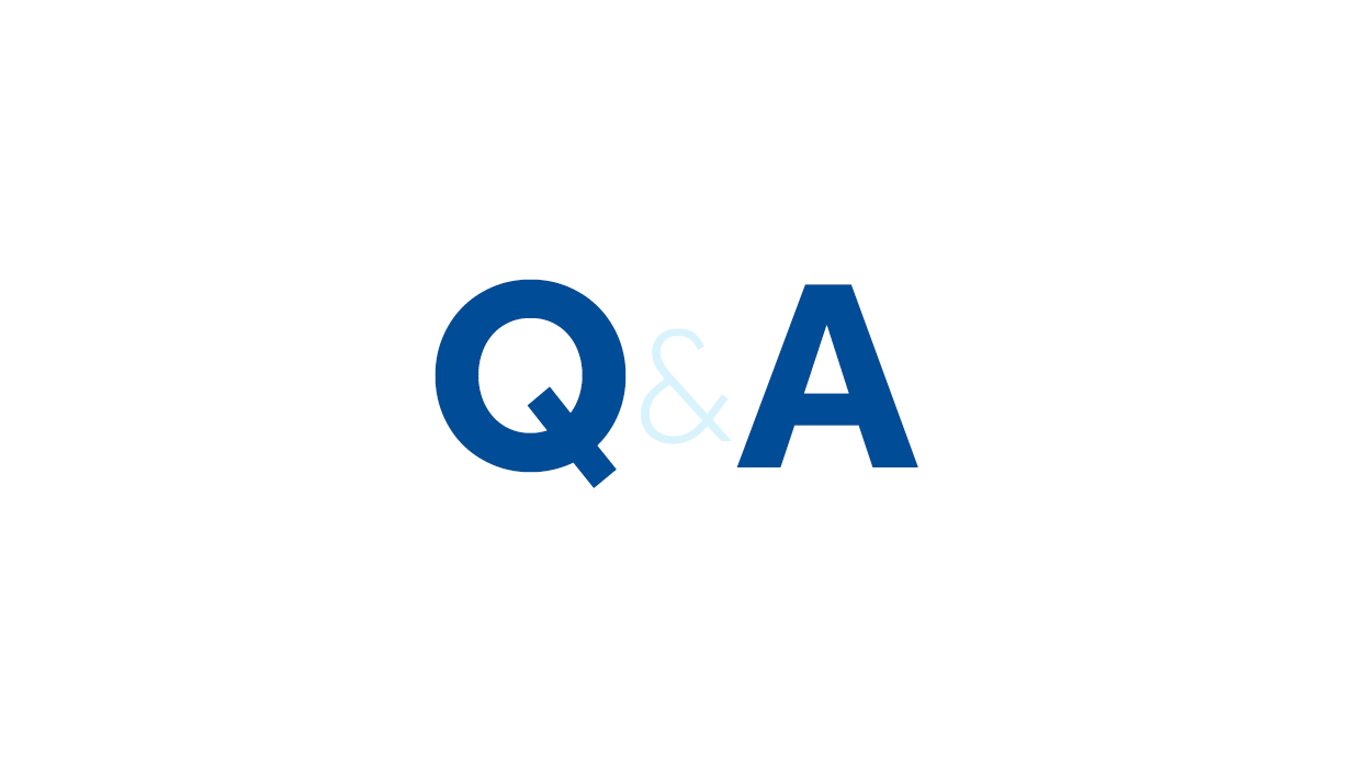 Dark blue letters reading "Q" and "A" with a light blue ampersand between them. Q&A. Questions and answers.