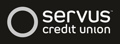 Graphic of Servus's logo in black reversed: both the Servus Circle (left) and the Servus Credit Union wordmark (right) are in grey and in a boxed background filled in black